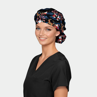 woman wearing a black scrub top with a christmas bouffant hat that is black with santa on itl.