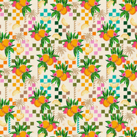 Pattern of pineapples, lemons, and palm trees on a checkered background