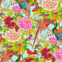 scrub hat fabric with birds and flowers and trees on a light blue background