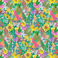 Colorful pattern of fruits, flowers, and animals on a multicolor background