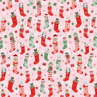 scrub hat fabric pattern of Christmas stockings with dogs on a pink background