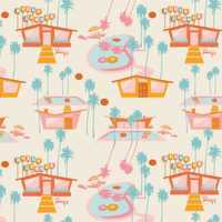 scrub hat fabric with a Colorful retro-style pattern with houses, palm trees, and donuts on a light background
