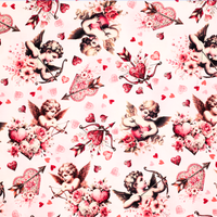 Pattern of cherubs, hearts, and flowers on a light pink background