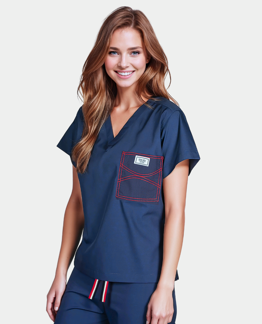 Shelby Scrub Top Navy with Patriotic Stitching