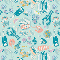 Seamless pattern of seafood and drinks on a light blue background