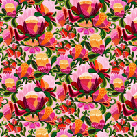 Colorful floral pattern with pink, green, and orange flowers on a pink background