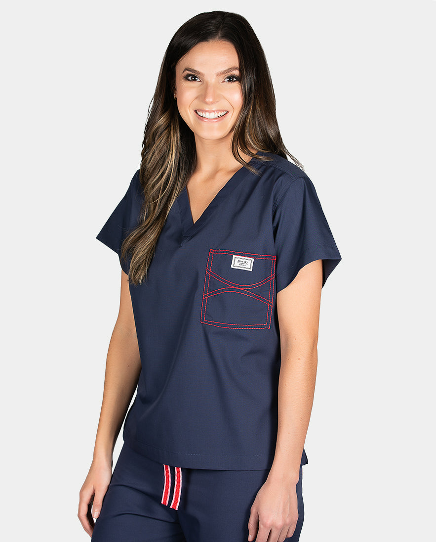 Limited Edition Shelby Scrub Tops - Navy Blue with Red Stitching