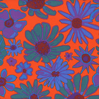 Colorful floral pattern with blue and green flowers on a bright orange background