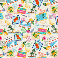 Pattern of tropical-themed stamps and icons on a beige background