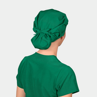 Person wearing a green bouffant surgical cap and green scrub top on a light green background.