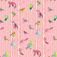 surgical scrub hat fabric with a Colorful animal pattern on a pink background with birds, monkeys, and other animals.
