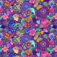 Colorful floral and nature-themed pattern on a dark purple background