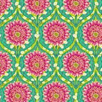 Pattern of pink flowers with green leaves on a green background