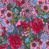 Colorful floral pattern with pink and red flowers on a blue background