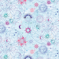 Pattern of celestial symbols including stars, moons, and suns on a light blue background.