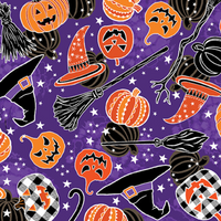 Halloween-themed surgical cap fabric pattern with pumpkins, witch hats, brooms, and cats on a purple background.