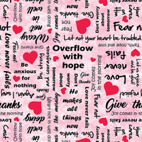 Pink scrub hat fabric with black text and red hearts on a pink background