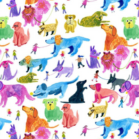 Pattern of colorful dogs and people on a white background