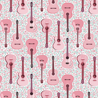 surgical scrub hat fabric that has pink guitars on a floral background
