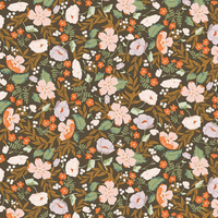 scrub cap fabric that is brown with orange flowers on it