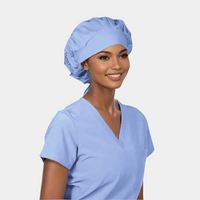 woman wearing a ceil blue bouffant scrub hat and matching ceil blue scrub top.