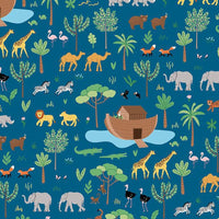 Noah's Ark pattern with various animals on a blue background