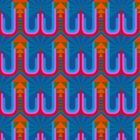 surgical scrub hat fabric pattern that is colorful pattern with pink hooks and geometric shapes on a blue background