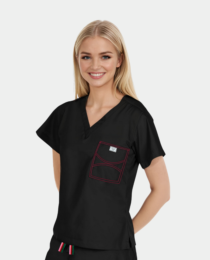 Limited Edition Christmas Scrub Pants | Black with Red, Metallic Green and Pink Striped Tie