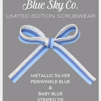 Limited Edition Shelby Scrub Top - Slate Grey with Periwinkle, Baby Blue and Metallic Silver Striped Tie