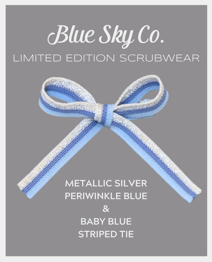 Limited Edition Shelby Scrub Top - Slate Grey with Periwinkle, Baby Blue and Metallic Silver Striped Tie