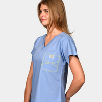 Limited Edition Shelby Scrub Top - Ceil Blue with Neon Yellow Stitching