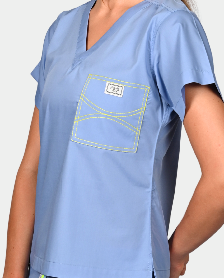 Limited Edition Shelby Scrub Top - Ceil Blue with Neon Yellow Stitching