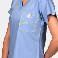 Limited Edition Shelby Scrub Top - Ceil Blue with Neon Yellow Stitching