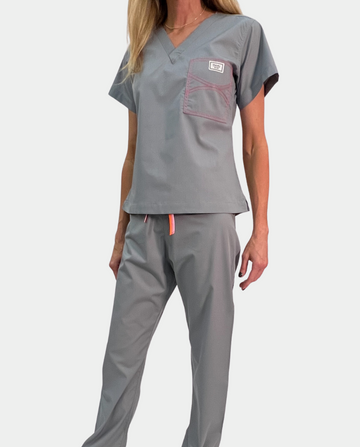 Limited Edition Shelby Scrub Tops - Grey with Pink Stitching