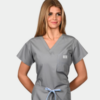 Limited Edition Shelby Scrub Top - Slate Grey with Periwinkle, Baby Blue and Metallic Silver Striped Tie