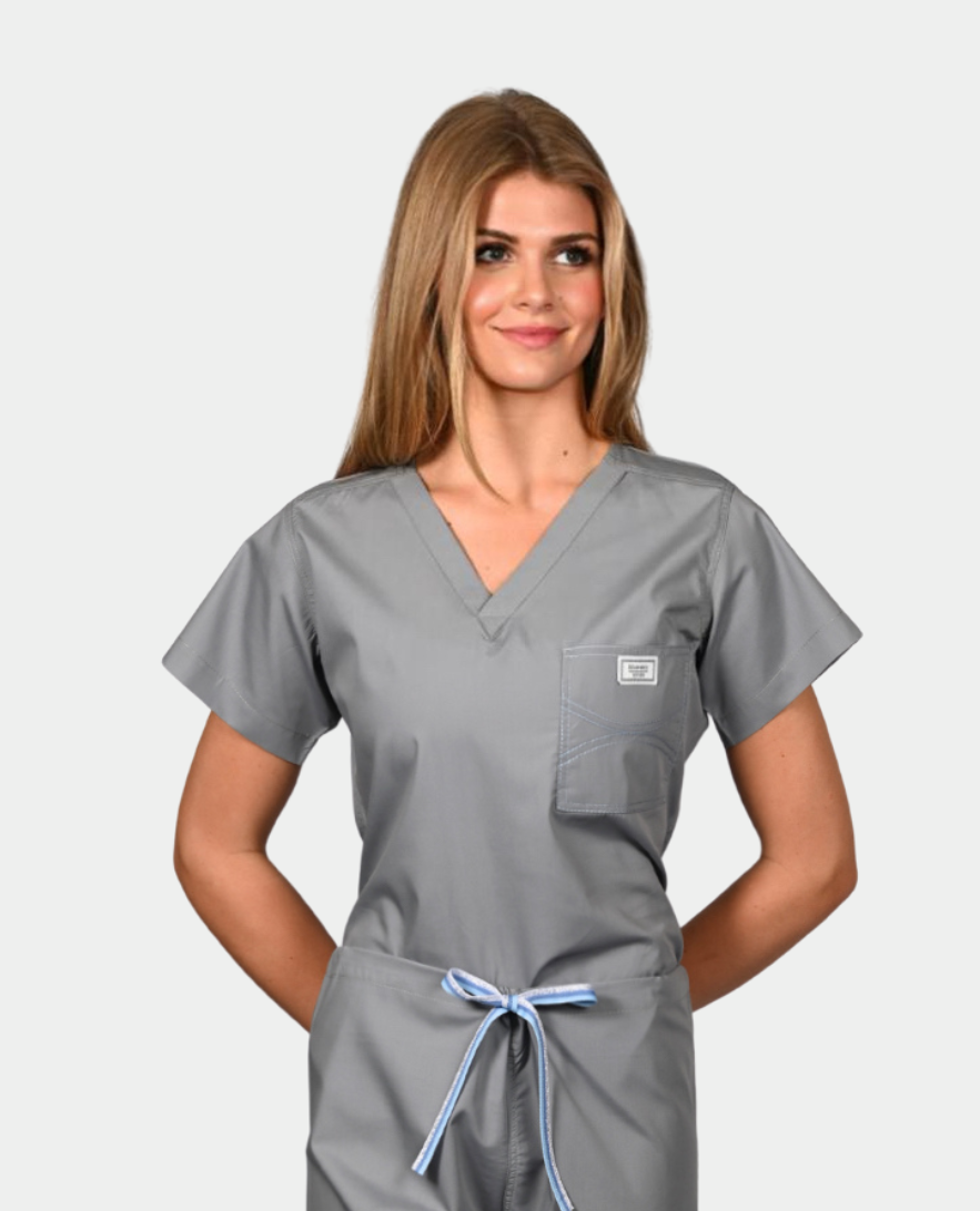 Limited Edition Shelby Scrub Top - Slate Grey with Periwinkle, Baby Blue and Metallic Silver Striped Tie