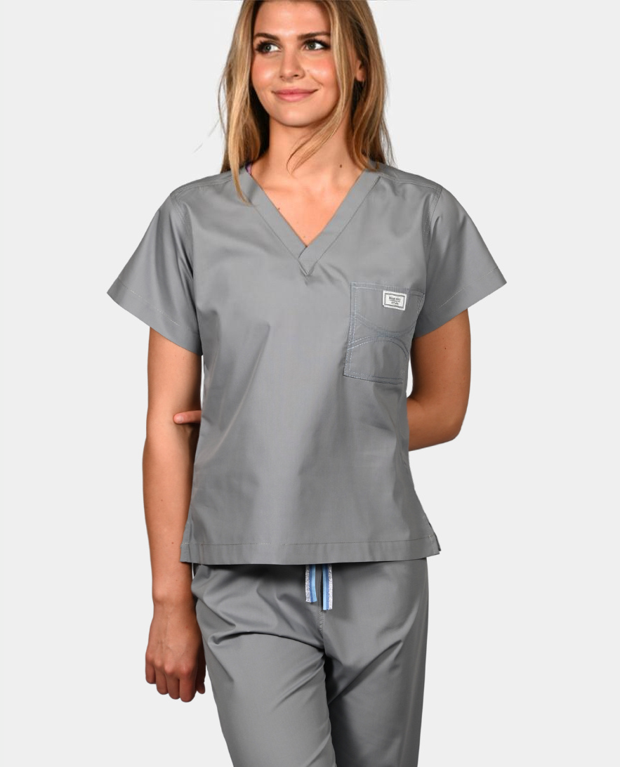 Limited Edition Shelby Scrub Top - Slate Grey with Periwinkle, Baby Blue and Metallic Silver Striped Tie