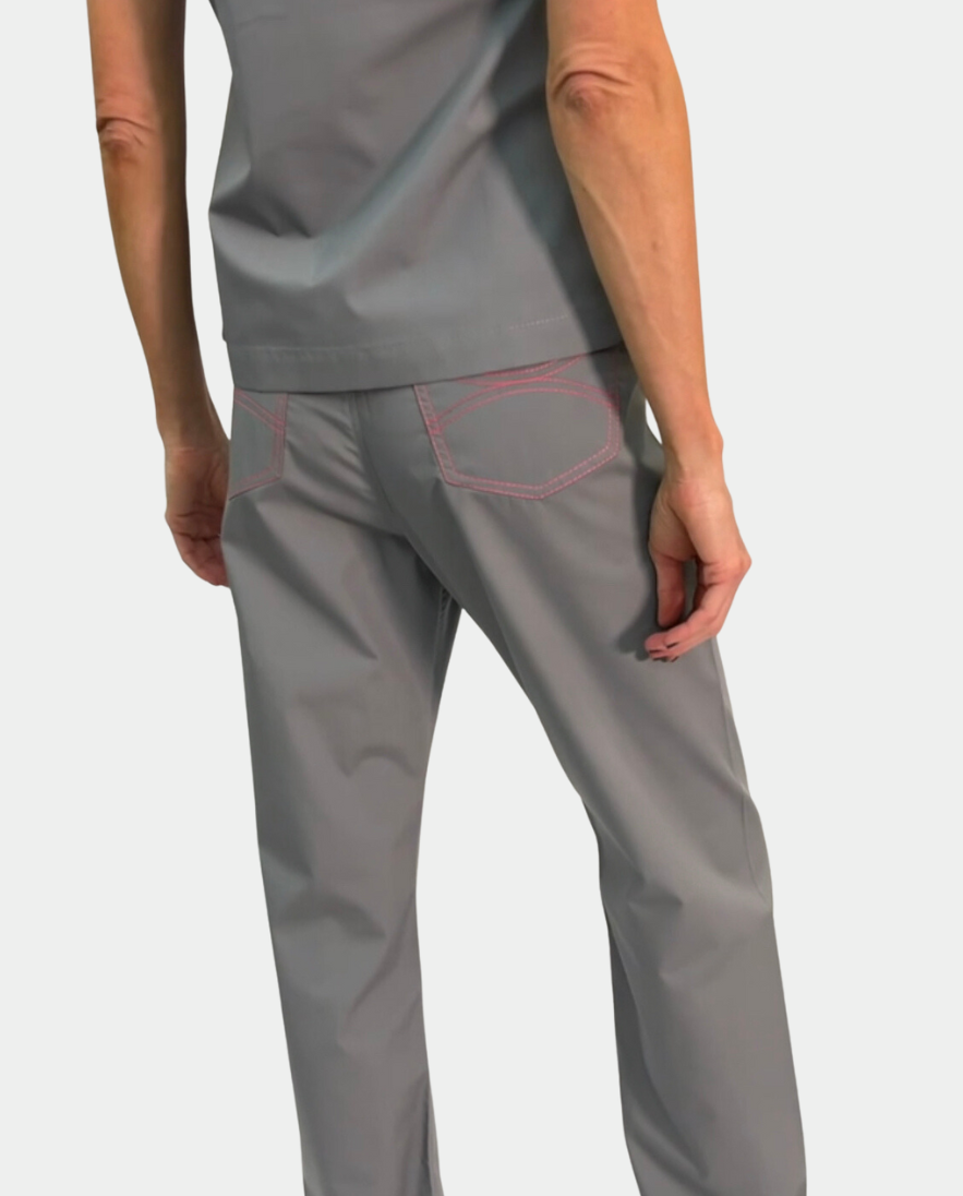 Limited Edition Shelby Scrub Pants - Grey with Pink Stitching and Pink Striped Tie with a Citrus Twist