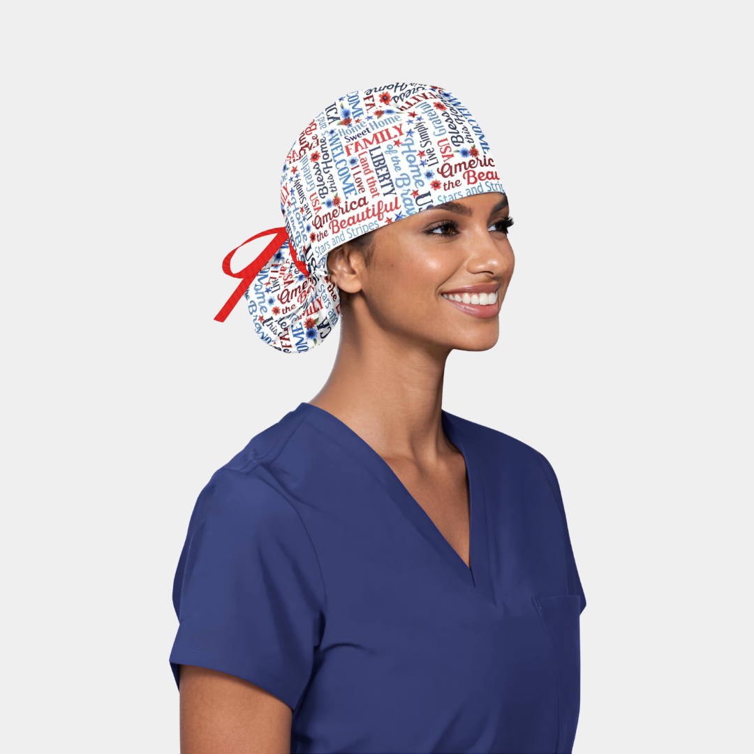 Red White & Bloom Ponytail Scrub Hat