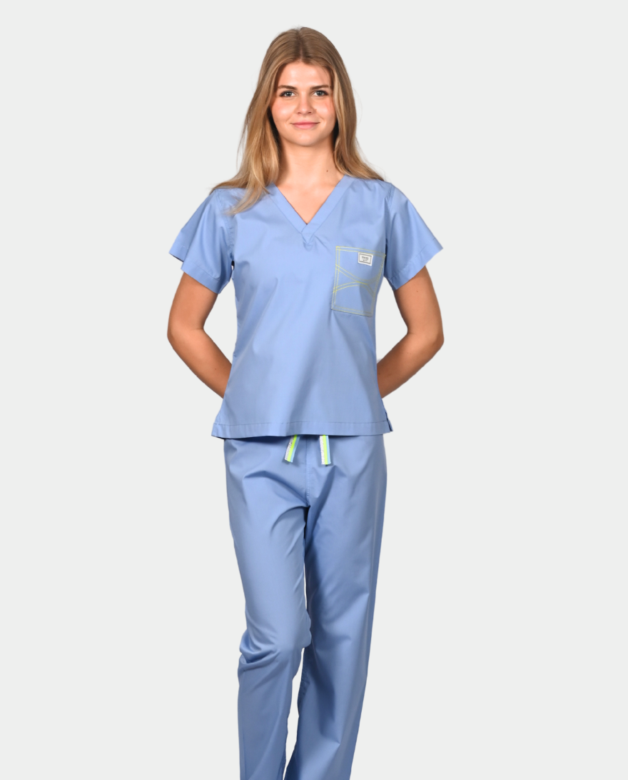 Limited Edition Shelby Scrub Top - Ceil Blue with Neon Yellow Stitching