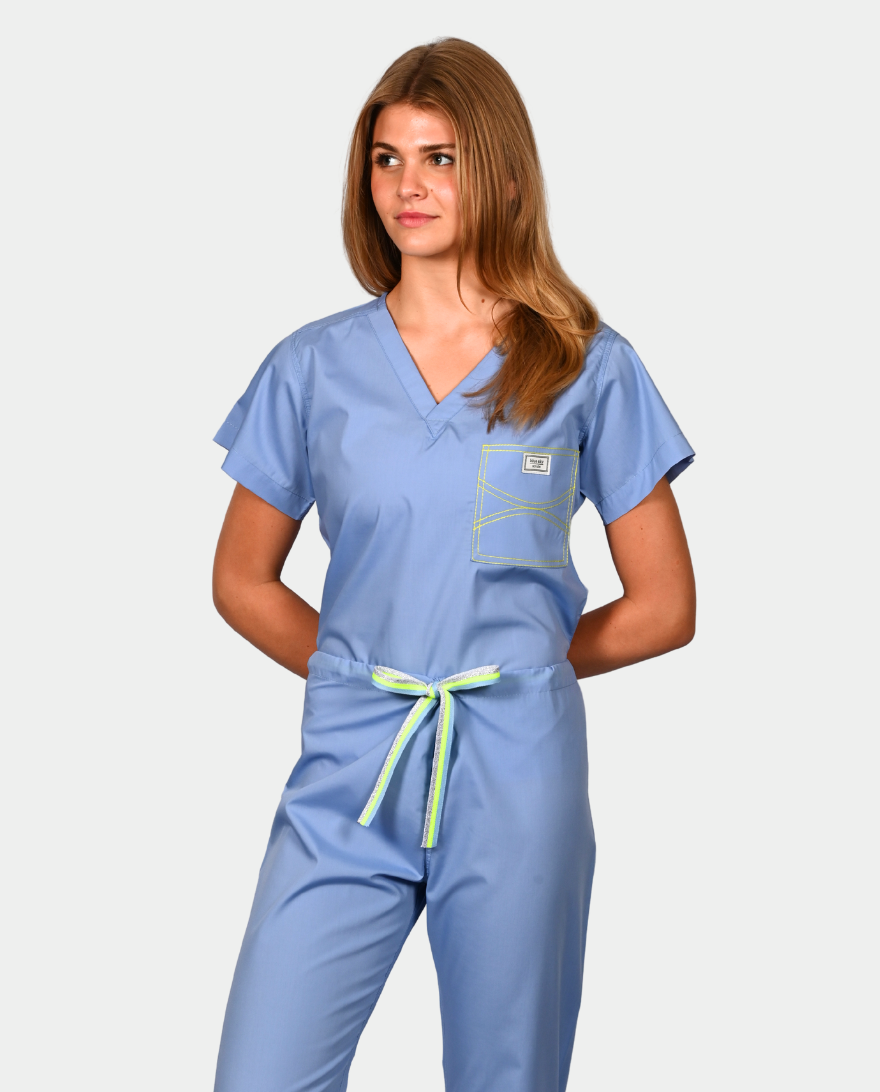 Limited Edition Shelby Scrub Top - Ceil Blue with Neon Yellow Stitching