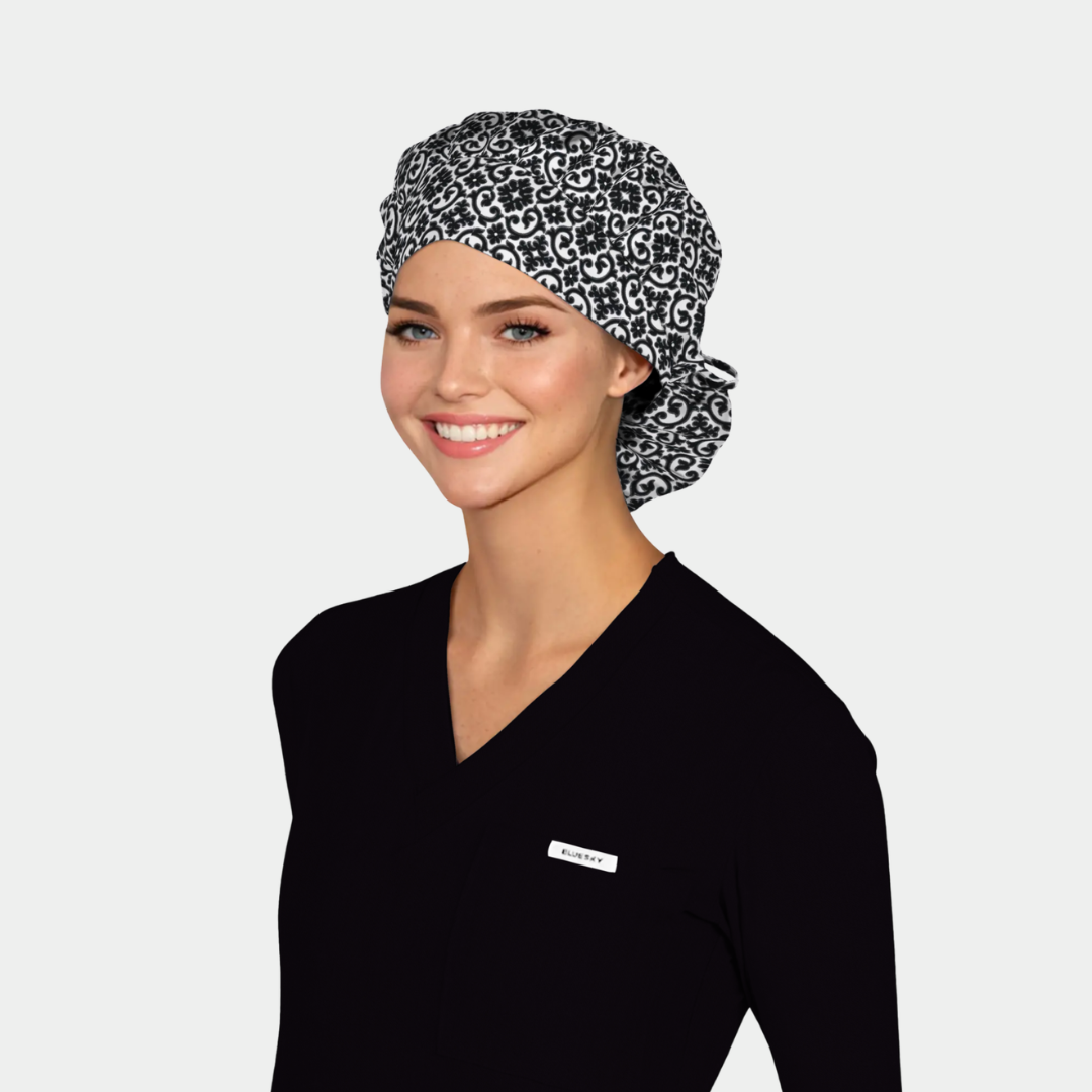 Monochrome Majesty Poppy Bouffant Scrub Hat