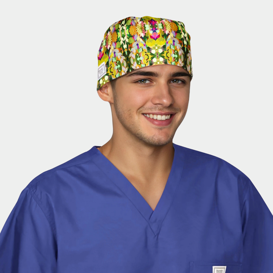man wearing a navy blue scrub top with a scrub hat that has green and colorful vines on it on a white background