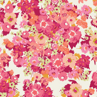 A dense retro floral pattern featuring stylized flowers in shades of pink, magenta, coral, peach, and light yellow-green on a warm off-white background.