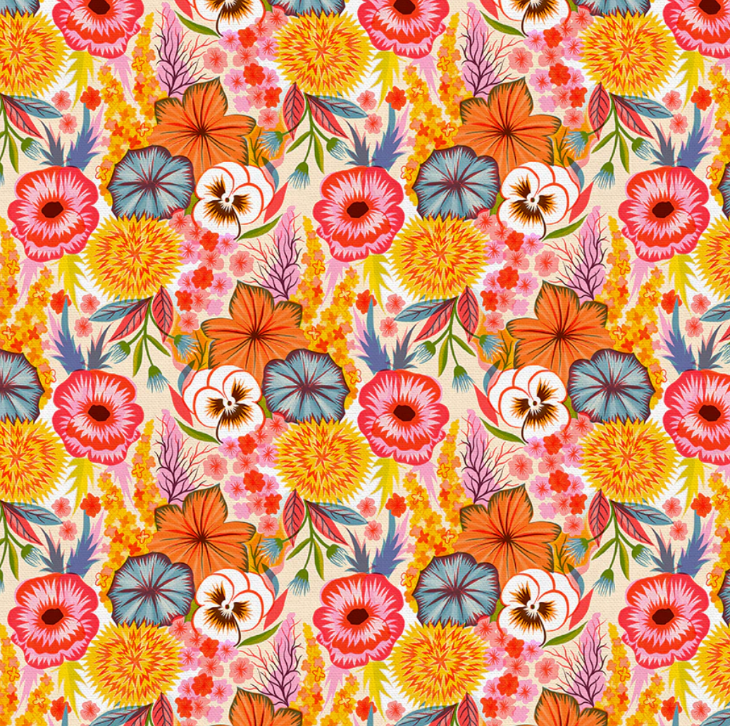 Colorful floral pattern with various flowers on a white background