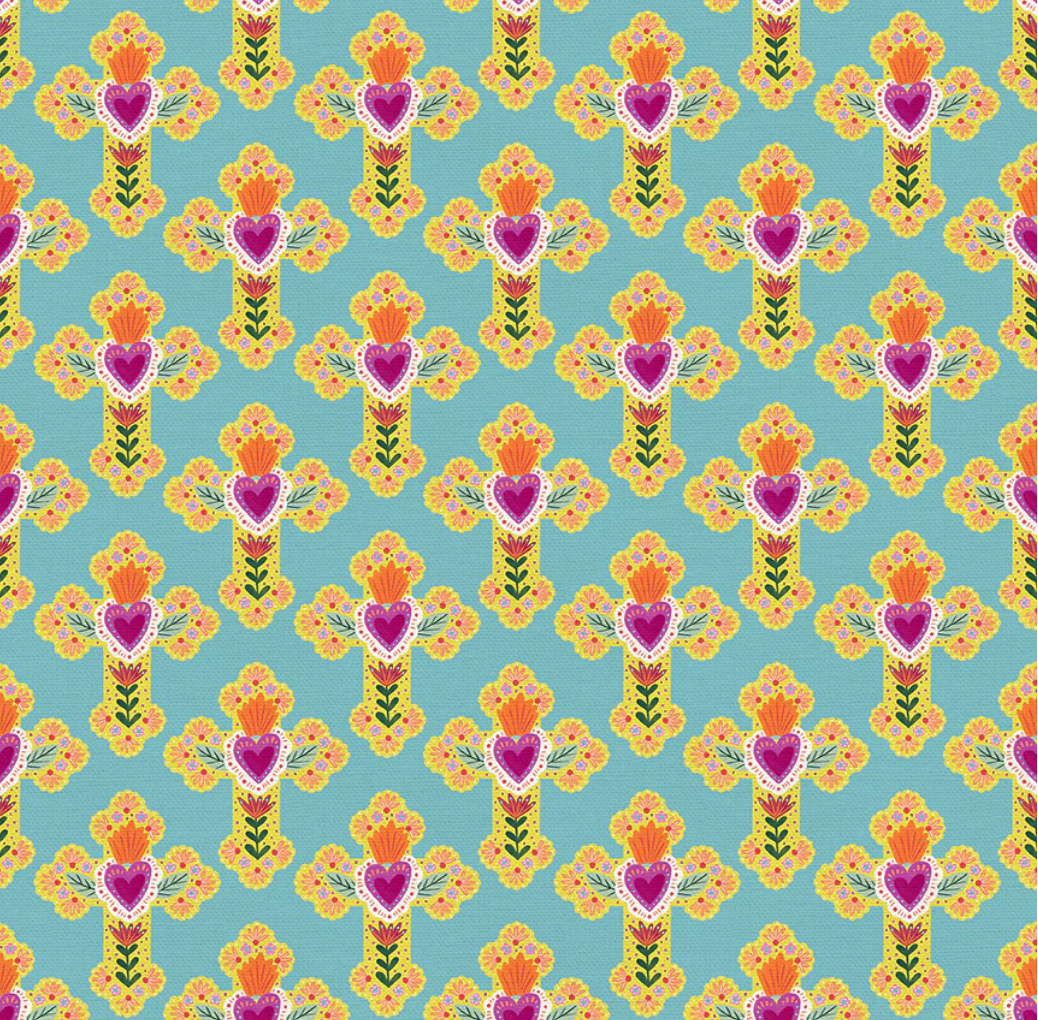 A repeating pattern of stylized floral motifs on a light aqua background, featuring yellow-orange flowers, pink hearts, green stems, and white accents.