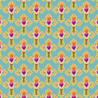 A repeating pattern of stylized floral motifs on a light aqua background, featuring yellow-orange flowers, pink hearts, green stems, and white accents.