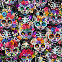 A seamless repeating pattern of colorful sugar skull cats with floral crowns and skeletal details on a black background.