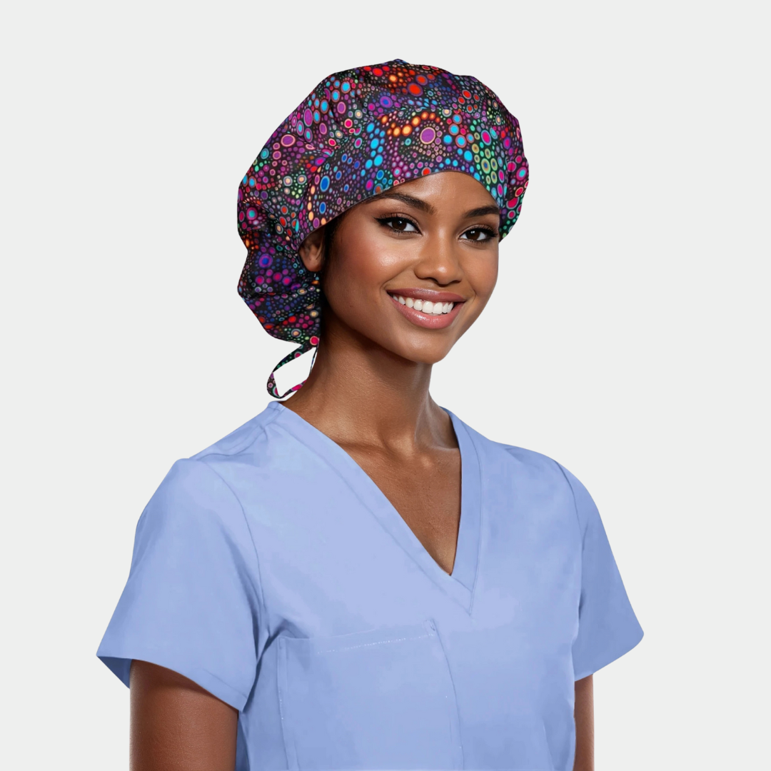 woman wearing a bouffant scrub cap that has colorful circles on it and a light blue scrub top on a white background.