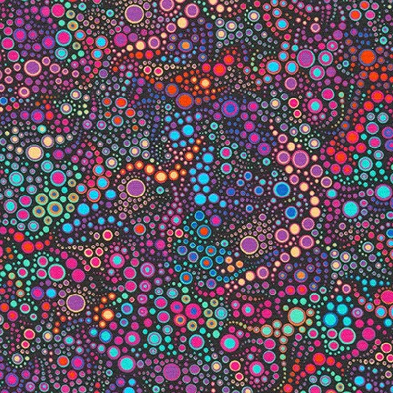 scrub hat fabric pattern with a colorful dot pattern on a dark background